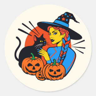 Sticker Halloween heks met een kat