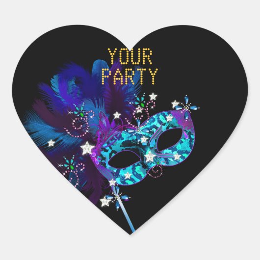 Sticker Hart MASKER Blauw Goud Feest (Voorkant)