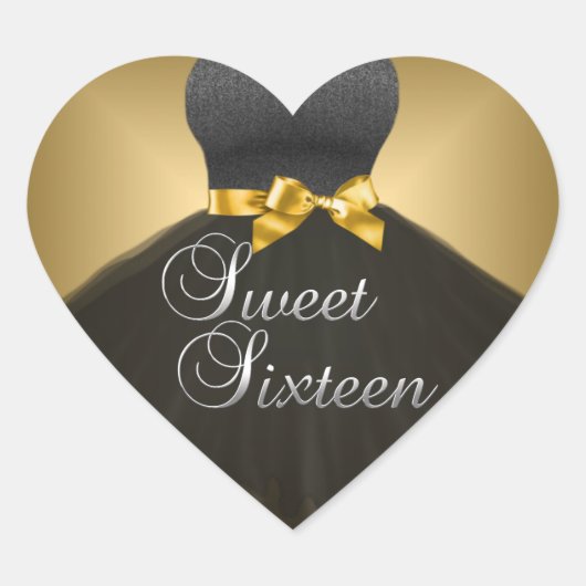 Sticker hart zoet 16 zestien gouden zwarte jurk (Voorkant)