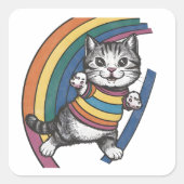 Sticker, kat regenboog vierkante sticker (Voorkant)