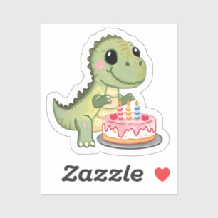 Sticker met een Cute Dinosaur en Verjaardagstaart