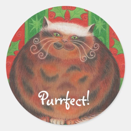 Sticker met kerstpud 'Purrfect'. (Voorkant)