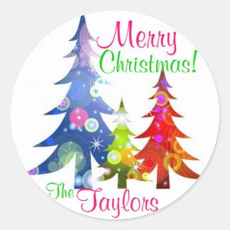 Sticker met kleurrijke kerstbomen