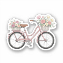 Sticker met roze vintage fiets met bloemenvazen