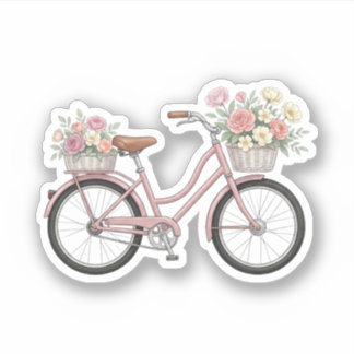 Sticker met roze vintage fiets met bloemenvazen