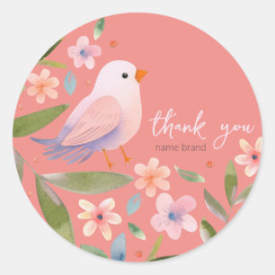 Sticker met vogeltje en bloemetjes op roze achterg