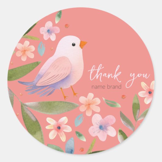 Sticker met vogeltje en bloemetjes op roze achterg (Voorkant)