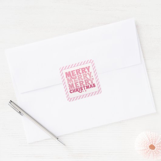Sticker Roze Kerstmis gestreepte label (Envelop)