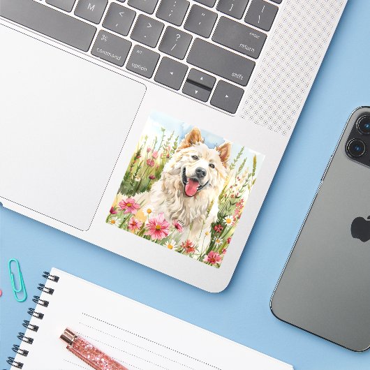 Sticker – Samoyed Die-Cut Watercolor Decal (Laptop met iPhone)