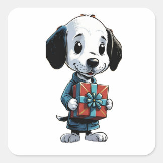 Sticker snoopy dog met een doos cadeau