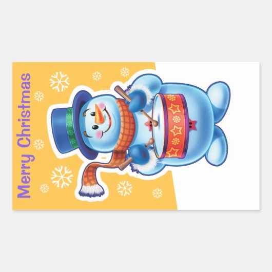 Sticker Snowman drummer uit de kerstgoudrechthoek. (Voorkant)