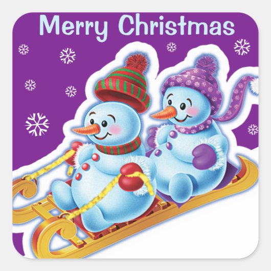 Sticker Snowmen Sneeuwsport met kerstvierkant. (Voorkant)