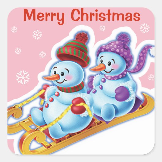 Sticker Snowmen Sneeuwsport met kerstvierkant. (Voorkant)