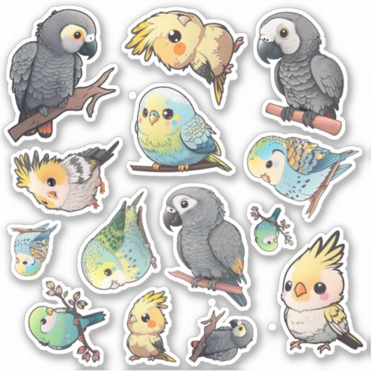 Sticker van Afrikaanse grijs, katiel en parkiet (Voorkant)