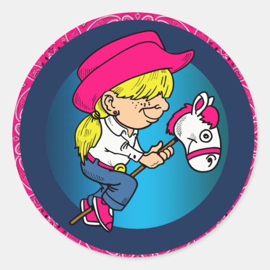 Sticker van Cowgirl Riding Stick Horse western (Voorkant)