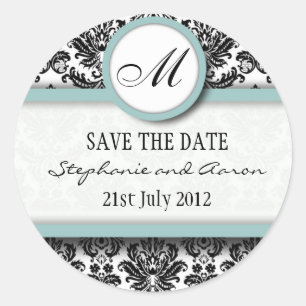 Sticker van de Black and Blue Damask Monogram Wedd