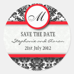Sticker van de Black and Red Damask Monogram Weddi