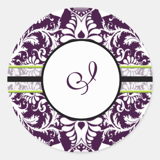 Sticker van Paars Damask Initiaal Letter I Wedding (Voorkant)