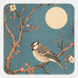 Sticker Vierkant Moonlit Bird op Bloeiende Tak