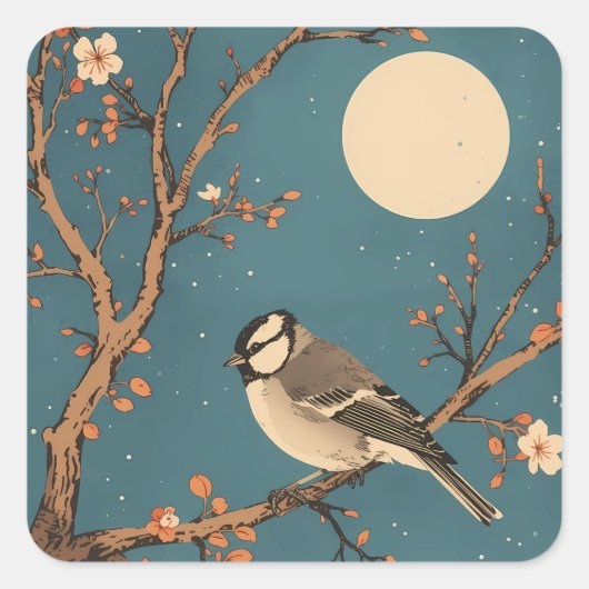 Sticker Vierkant Moonlit Bird op Bloeiende Tak (Voorkant)