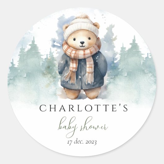 Sticker voor babyfeestje met beer in winterbos (Voorkant)