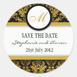 Sticker voor Black and Gold Damask Monogram Weddin