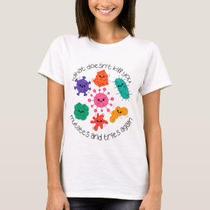 Sticker voor de microbiologie met leuk bacterieont t-shirt