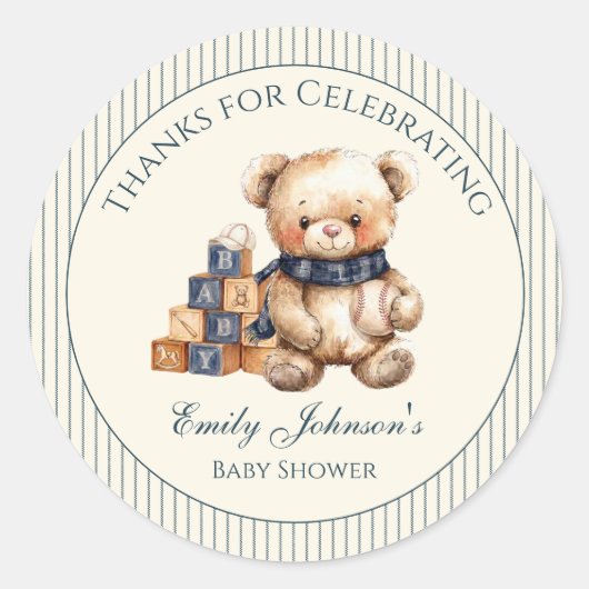Sticker voor jongensbeer babyshower (Voorkant)