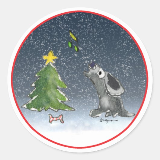 Sticker voor kerstpuppy Dog Cartoon Round (Voorkant)