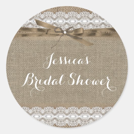 Sticker voor vintage kanten en jute bruidsdouche (Voorkant)