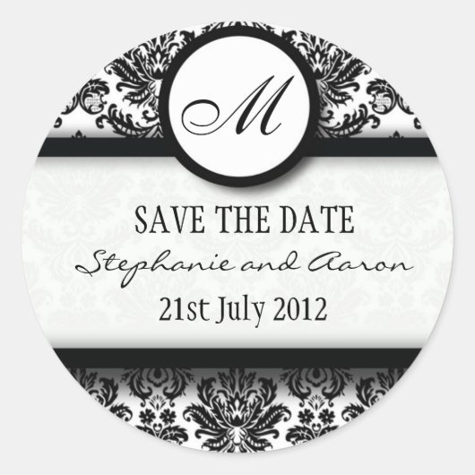 Sticker voor zwart-wit Damask Monogram Wedding (Voorkant)