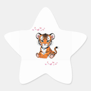Sticker🐯Baby Tijger Kunst met Roze Vlinders - Ster Sticker