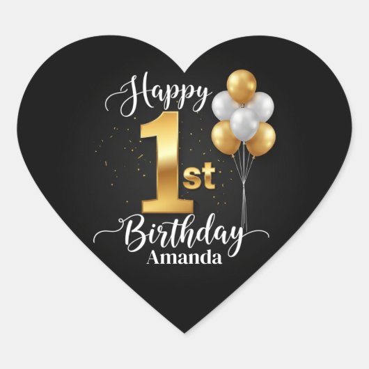 Stickerblad 'Black Gold 1st verjaardag' Hart Sticker (Voorkant)
