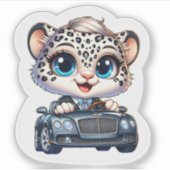 Stickers Cute Kawaii Snow Leopard Big Cat Driving (Voorkant)