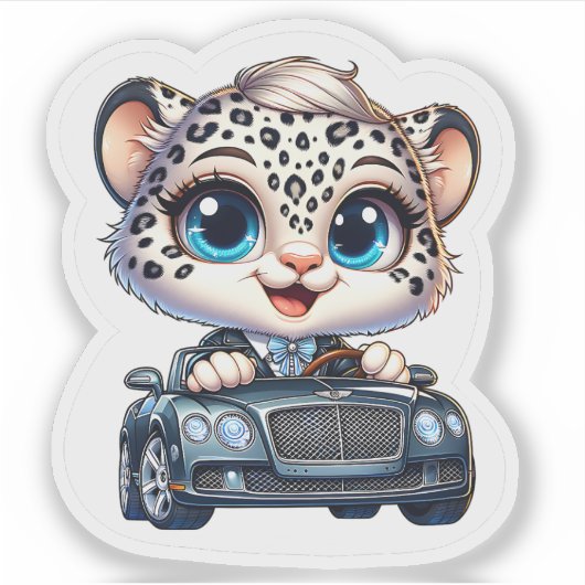 Stickers Cute Kawaii Snow Leopard Big Cat Driving (Voorkant)