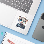 Stickers Cute Kawaii Snow Leopard Big Cat Driving (Laptop met iPhone)