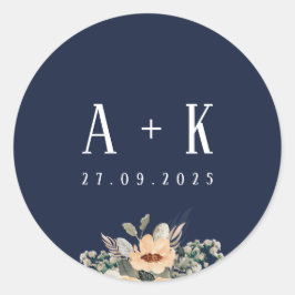 Stickers, Elegant bloemenblauw monogram Ronde Sticker