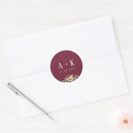 Stickers, Elegant bloemenbordeaux monogram Ronde Sticker