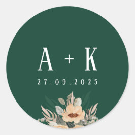 Stickers, Elegante bloemige donkergroene monogram Ronde Sticker