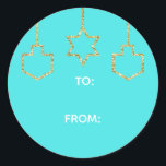 Stickers "Glittered Star & Dreidel" Happy Chanukah<br><div class="desc">Chanoeka / Vakantie stickers, personaliseren. Happy Chanukah "Hanging Glittered Star and Dreidels." Kies uit 1 1/2" en 3" stickers. Personaliseer door tekst te verwijderen en te vervangen door uw eigen bericht. Kies uw favoriete lettergrootte, stijl en kleur. De achtergrondkleur kan worden gewijzigd door een andere kleur te selecteren dan kleurstalen....</div>