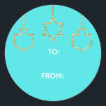 Stickers "Glittered Star & Dreidel" Happy Chanukah<br><div class="desc">Chanoeka / Vakantie stickers, personaliseren. Happy Chanukah "Hanging Glittered Star and Dreidels." Kies uit 1 1/2" en 3" stickers. Personaliseer door tekst te verwijderen en te vervangen door uw eigen bericht. Kies uw favoriete lettergrootte, stijl en kleur. De achtergrondkleur kan worden gewijzigd door een andere kleur te selecteren dan kleurstalen....</div>