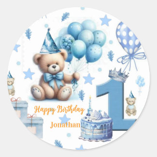 Stickers, Happy 1e verjaardag teddybeer blauw Ronde Sticker