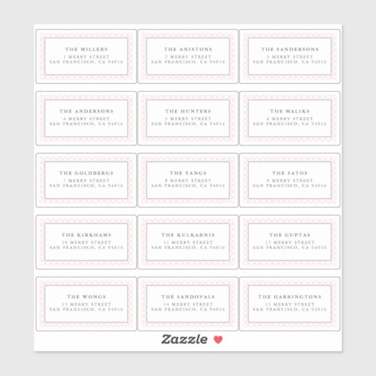 Stickers met het label Roze gingham-adres (Vel)