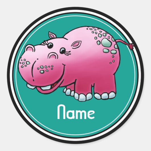 Stickers, Naam Sjabloon, Schattigee Hippo Cartoon Ronde Sticker (Voorkant)