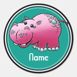 Stickers, Naam Sjabloon, Schattigee Hippo Cartoon Ronde Sticker