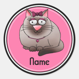 Stickers, Naam Sjabloon, Schattigee Kitty Cat Cart Ronde Sticker
