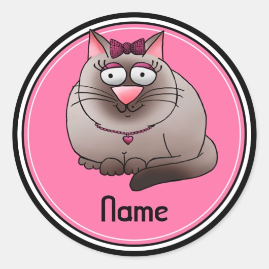 Stickers, Naam Sjabloon, Schattigee Kitty Cat Cart Ronde Sticker (Voorkant)