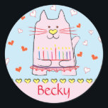 Stickers Roze kat Ballerina Chanukah-ronde<br><div class="desc">"Roze kat Ballerina, Happy Chanukah" Stickers. Veel plezier met het gebruik van deze stickers als taarttoppers, cadeautjes, labels, tassluitingen of wat voor rotsen je festiviteiten ook mogen hebben! Pas tekst aan door tekst te verwijderen en eigen woorden toe te voegen met uw favoriete lettertypestijl, grootte en kleur. Bedankt om te...</div>