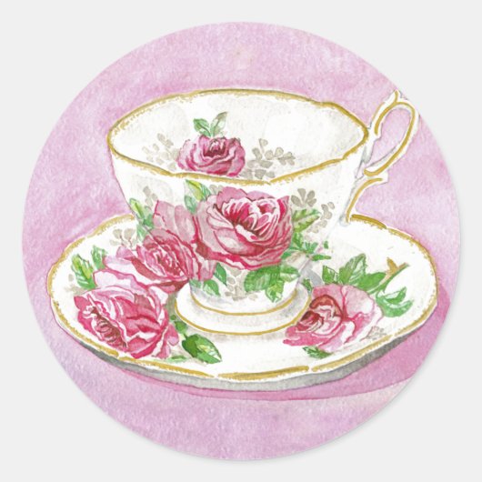 Stickers - Roze Rose Bloemen Teacup & Schotel (Voorkant)