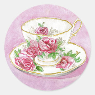 Stickers - Roze Rose Bloemen Teacup & Schotel